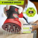 Narbell Orbital Sander 3.2A (380W) with Bag, 14000RPM Max 6 Variable Speeds Random Orbit Sander, 5" Palm Sander Tool with 15pcs Sanderpapers, Dust Bag for woodworking, Red