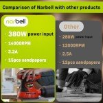 Narbell Orbital Sander 3.2A (380W) with Bag, 14000RPM Max 6 Variable Speeds Random Orbit Sander, 5" Palm Sander Tool with 15pcs Sanderpapers, Dust Bag for woodworking, Red