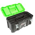 OEMTOOLS 22160 19" Toolbox with Removable Tray, Large Plastic Tool Box With Handle, Multiple Compartment Storage Case With Security Slot for Padlocks, 40 Lbs Maximum Weight