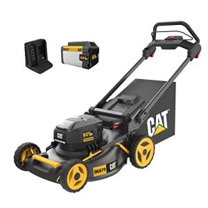 Cat DG670 60V 21” Cordless Lawn Mower 3-In-1 Cutting Modes, Brushless Lawn Mower with TorqLogic, Easy-Adapt Walk-Behind Push Lawn Mower – Battery & Charger Included, Black, Yellow