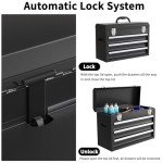 Portable Metal Tool Box, 3 Drawers Lockable Heavy Duty Tool Chest Storage Toolbox with Ball-Bearing Slides and 2 Metal Latches Closure for Garage, Workshop, Repair Shop (Black)