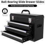 Portable Metal Tool Box, 3 Drawers Lockable Heavy Duty Tool Chest Storage Toolbox with Ball-Bearing Slides and 2 Metal Latches Closure for Garage, Workshop, Repair Shop (Black)