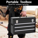 Portable Metal Tool Box, 3 Drawers Lockable Heavy Duty Tool Chest Storage Toolbox with Ball-Bearing Slides and 2 Metal Latches Closure for Garage, Workshop, Repair Shop (Black)