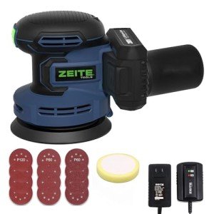 ZEITE 5 Inch 20V 2.0Ah Orbital Sander Cordless, 6 Variable Speed 3,000-11,000 OPM Electric Sander for Woodworking, 12 x Sandpaper,1 x Polishing Pad, Efficient Dust Extractor for DIY Sanding Polishing