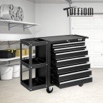 TUFFIOM 7-Drawer Rolling Tool Chest with Side Shelves, Tool Storage Side Cabinet w/Lockable Wheels, Top Cushion & Drawer Liners, Tool Organizer Box for Garage, Warehouse & Repair Shop