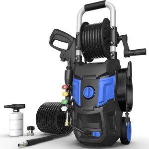 QIOMALA Electric Pressure Washer, 5200 PSI Max 3.4 GPM High Pressure with 35 FT Power Cord, 20 FT Hose, 4 Nozzles, Foam Cannon and Hose Reel for Car/Patio/Garage/Home Cleaning, Blue