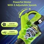 Leaf Blower Cordless with 2 x 4.0Ah Battery and Fast Charger, 650CFM 170MPH Electric Blower, 3 Speed Modes, 20V Handheld Leaf Blowers for Lawn Care, Yard, Blowing Leaves, Snow, Small Gravel, Green