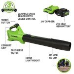 Greenworks 24V (110 MPH / 450 CFM / 125+ Compatible Tools) Cordless Brushless Axial Leaf Blower, 4.0Ah Battery and Charger Included