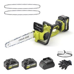 SEYVUM Brushless 12 Inch Chainsaw Cordless, 20V Battery Chainsaw with 2 x 4.0Ah Batteries, 2 x Chains, Electric Chainsaws with Tool-free Chain Tension, Auto Oiling for Wood Cutting Trimming Branch