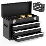 Gornoxblif 3 Drawer Metal Tool Box, Portable Metal Tool Box with EVC Liners and Latches Closure, Heavy Duty Steel Tool Chest with Ball Bearing Opening and Powder Coated Finish, Black