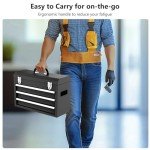 Gornoxblif 3 Drawer Metal Tool Box, Portable Metal Tool Box with EVC Liners and Latches Closure, Heavy Duty Steel Tool Chest with Ball Bearing Opening and Powder Coated Finish, Black