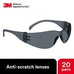 3M Safety Glasses, Virtua, 20 Pair, ANSI Z87, Unisex, Gray Hard Coat Lens, Gray Frame, Affordable Eye Protection, Lightweight, Wraparound Coverage, UVA, UVB, UVC
