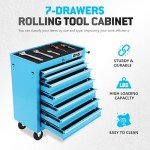 DNA MOTORING 7-Drawer Plastic Top Rolling Tool Cabinet with Keyed Locking System, Lockable Slide Tool Chest Rolling Tool Cart Cabinet, Blue, TOOLS-00486