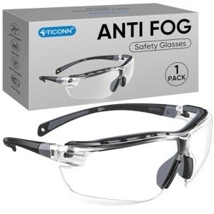 TICONN Anti-Fog Safety Glasses for Men and Women, ANSI Z87.1 Scratch Proof Eye Goggles with Adjustable Arms and UV Protection (Clear, 1PK)