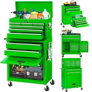 INTERGREAT Rolling Tool Chest, Assembled 8-Drawers Tool Box Organizer with Lockable Wheels, Detachable Top Metal Tool Box, Tool Cabinet for Repair Room,Warehouse,Tool Box with Hooks,Liners(Green)