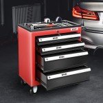 DNA MOTORING 4-Drawers Rolling Tool Chest Cabinet with Casters, Locking System, Top Tray, for Garage Warehouse Workshop, Red, TOOLS-00401