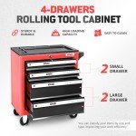 DNA MOTORING 4-Drawers Rolling Tool Chest Cabinet with Casters, Locking System, Top Tray, for Garage Warehouse Workshop, Red, TOOLS-00401