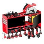 Spampur Power Tool Organizer Wall Mount with Charging Station, Garage Storage Cabinet with Doors and Shelve, Metal Tool Box, 8 Slots Cordless Drill Holder/6 Outlet Power Strip for Workshop/Shed/Gifts