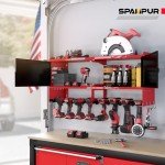 Spampur Power Tool Organizer Wall Mount with Charging Station, Garage Storage Cabinet with Doors and Shelve, Metal Tool Box, 8 Slots Cordless Drill Holder/6 Outlet Power Strip for Workshop/Shed/Gifts
