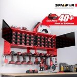 Spampur Power Tool Organizer Wall Mount with Charging Station, Garage Storage Cabinet with Doors and Shelve, Metal Tool Box, 8 Slots Cordless Drill Holder/6 Outlet Power Strip for Workshop/Shed/Gifts
