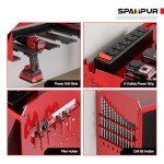 Spampur Power Tool Organizer Wall Mount with Charging Station, Garage Storage Cabinet with Doors and Shelve, Metal Tool Box, 8 Slots Cordless Drill Holder/6 Outlet Power Strip for Workshop/Shed/Gifts