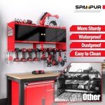 Spampur Power Tool Organizer Wall Mount with Charging Station, Garage Storage Cabinet with Doors and Shelve, Metal Tool Box, 8 Slots Cordless Drill Holder/6 Outlet Power Strip for Workshop/Shed/Gifts