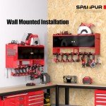 Spampur Power Tool Organizer Wall Mount with Charging Station, Garage Storage Cabinet with Doors and Shelve, Metal Tool Box, 8 Slots Cordless Drill Holder/6 Outlet Power Strip for Workshop/Shed/Gifts