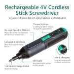 Amazon Basics by SKIL 4V Cordless Stick Screwdriver with 34-Piece Bit Set, Carrying Case, USB Charging, LED Work Light, 3 Torque Settings (Previously Denali Brand)