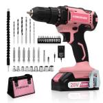 COMOWARE Cordless Drill Set, 20V Pink Power Drill Set for Women, 1 Battery & Charger, 3/8" Keyless Chuck, 2 Variable Speed, 266 In-lb Torque, 25+1 Position, with Pink Storage Bag