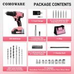 COMOWARE Cordless Drill Set, 20V Pink Power Drill Set for Women, 1 Battery & Charger, 3/8" Keyless Chuck, 2 Variable Speed, 266 In-lb Torque, 25+1 Position, with Pink Storage Bag
