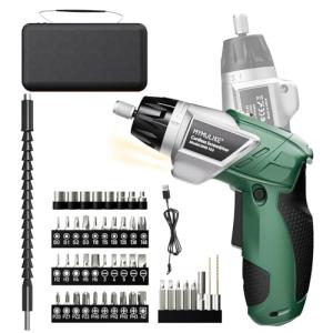 MYMULIKE Electric Screwdriver Cordless Set, 3.6V Power Screwdriver Rechargeable with Light, Green Screw Gun with Pivoting Handle and Drill, 49 Pcs Accessories, 6+1 Torque Setting, 2000 mAh Battery