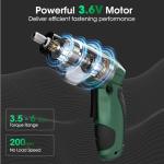 MYMULIKE Electric Screwdriver Cordless Set, 3.6V Power Screwdriver Rechargeable with Light, Green Screw Gun with Pivoting Handle and Drill, 49 Pcs Accessories, 6+1 Torque Setting, 2000 mAh Battery