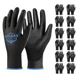 OKIAAS Work Gloves for Men，Ultra Thin and Lightweight Working Gloves with Grip, 12 Pairs Bulk Pack Construction Gloves with Polyurethane Coating for Light Duty Work (Black, X-Large)