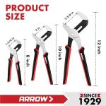 ARROW 3-Piece Groove Joint Pliers, 8", 10" & 12" Adjustable Water Pump Pliers with TPR Handle, High Carbon Steel Tongue and Groove Plier for Plumbing, Automotive and Household Repairs