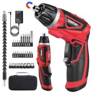 DuroFort Cordless Electric Screwdriver Set, 8V 10Nm Rechargeable Power Electric Drill, Battery Screw Gun with Driver Bit, 320RPM/10+1 Torque, 2 Position Handle, Flexible Shaft LED Light (Red, 28Pcs)