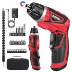 DuroFort Cordless Electric Screwdriver Set, 8V 10Nm Rechargeable Power Electric Drill, Battery Screw Gun with Driver Bit, 320RPM/10+1 Torque, 2 Position Handle, Flexible Shaft LED Light (Red, 28Pcs)