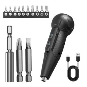 XLX 3.7V Cordless Electric Screwdriver Rechargeable portable Mini Rotary Home Gadget，Automatic Manual all in one with LED Light and USB- Type C Charging Cable Black
