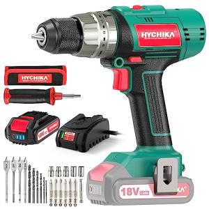 Cordless Hammer Drill Driver 18V, HYCHIKA 400 In-lbs Torque Power Drill with Auxiliary Handle, 1/2” Metal Chuck, 2.0Ah Battery, 1H Fast Charger, 21+3 Clutch, LED Light for Drilling Wood Metal Wall