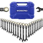 WORKPRO 22-piece Ratcheting Wrench Set with 180° Flex Head, Anti-Slip Tooth, Combination Wrench Sets with Organizer Box, Metric 6-18mm & SAE 1/4-3/4", Black Electrophoretic Coating