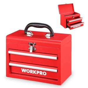 WORKPRO Portable Mini Tool Box, 2 Drawers Metal Tool Chest with Ball Bearing Slides, Top Storage with Latch, Ergonomic Carrying Handle, Mechanic Toolbox with PVC Liners and PP Feet Pads