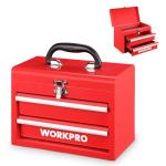 WORKPRO Portable Mini Tool Box, 2 Drawers Metal Tool Chest with Ball Bearing Slides, Top Storage with Latch, Ergonomic Carrying Handle, Mechanic Toolbox with PVC Liners and PP Feet Pads