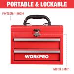 WORKPRO Portable Mini Tool Box, 2 Drawers Metal Tool Chest with Ball Bearing Slides, Top Storage with Latch, Ergonomic Carrying Handle, Mechanic Toolbox with PVC Liners and PP Feet Pads
