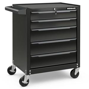 Goplus 5-Drawer Rolling Tool Chest, Steel Tool Storage Cabinet with Handle, Hanging Holes, Central Keyed Locking System, Universal Lockable Wheels, Tool Organizer Box for Garage Workshop