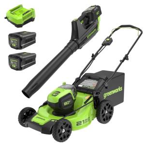 Greenworks 80V 21” Brushless (Push) Cordless Electric Lawn Mower + (500 CFM) Axial Leaf Blower (75+ Compatible Tools), (2) 2.0Ah Batteries and 30 Minute Rapid Charger