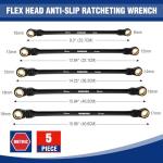 WORKPRO Extra Long Flex-Head Ratcheting Wrench Set, 5-piece Anti-Slip Double Box Wrenches Set, Metric 8-19 mm, 72-Teeth, Cr-V Steel and Black Electrophoretic Coating Wrenches with Rolling Pouch