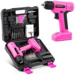 URASISTO 8V Pink Cordless Drill, Power Drill Tool Set, Built-in LED, 58pcs Acessories with Household Tool Set Gift Box, Pink Drill Set for Women