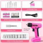 URASISTO 8V Pink Cordless Drill, Power Drill Tool Set, Built-in LED, 58pcs Acessories with Household Tool Set Gift Box, Pink Drill Set for Women