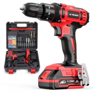 20V Cordless Drill, Electric Power Drill Set with Battery Charger, 3/8” Keyless Chuck, 2 Variable Speed, 18+3 Torque, 72pcs Driver Bits and Belt Hook, Red