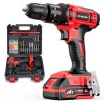 20V Cordless Drill, Electric Power Drill Set with Battery Charger, 3/8” Keyless Chuck, 2 Variable Speed, 18+3 Torque, 72pcs Driver Bits and Belt Hook, Red