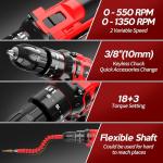 20V Cordless Drill, Electric Power Drill Set with Battery Charger, 3/8” Keyless Chuck, 2 Variable Speed, 18+3 Torque, 72pcs Driver Bits and Belt Hook, Red